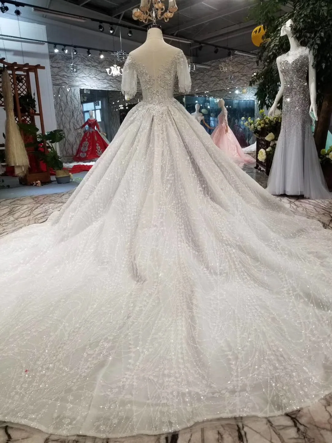 

Heavey Beads Lace Arabic Long Sleeves Luxurious Prom Dresses Long Evening Dresses Vestido De Noiva Gray Tulle Prom Party Dresses