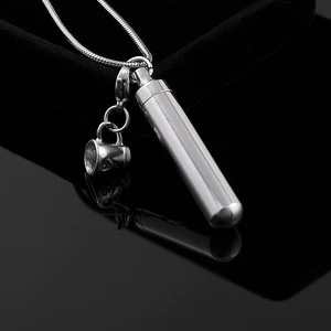 IJD9872 Newest Stainless Steel Long Tube Cremation Pendant with Coffee Cup Charm Memorial Urn Ashes Holder Keepsake Pendant
