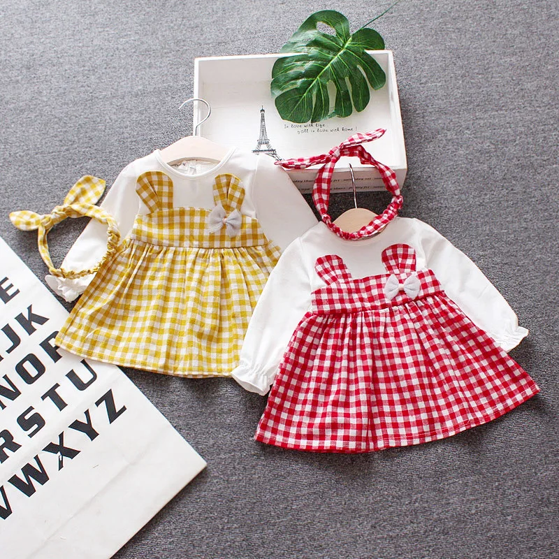 2018 модное клетчатое платье для новорожденных девочек + повязка на голову