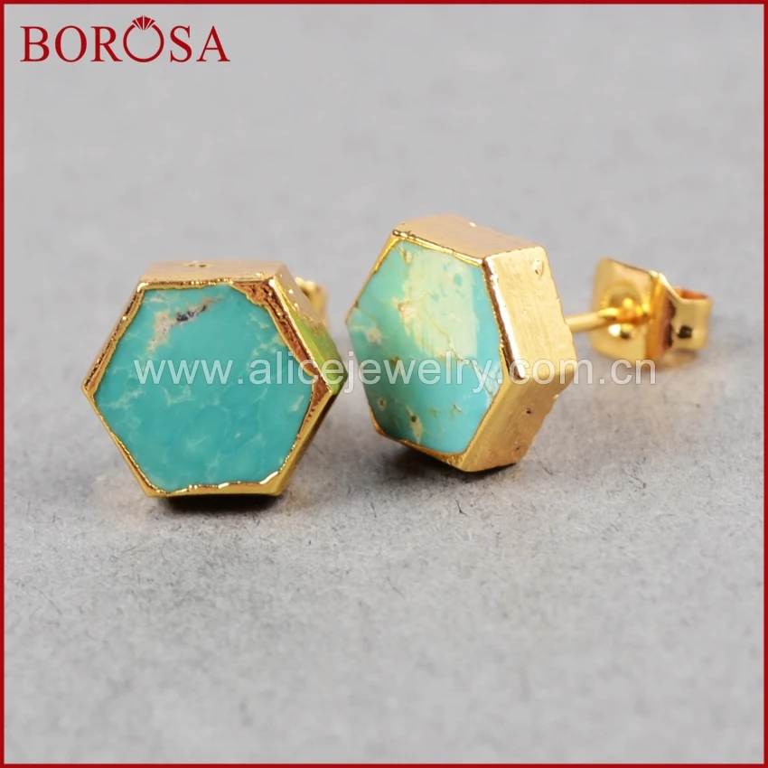 Женские серьги гвоздики BOROSA 5 пар в форме Шестиугольника натуральная бирюза