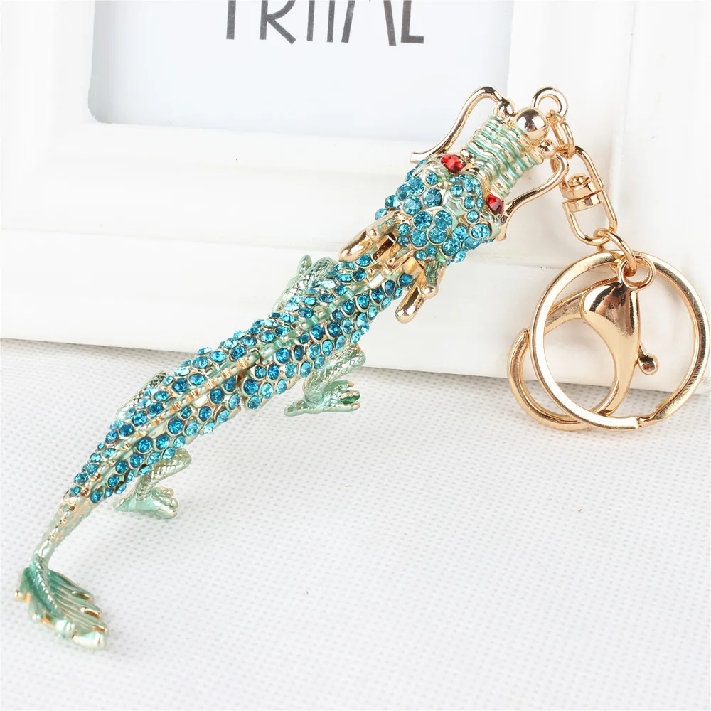 

New Fashion Blue Chinese Long Dragon Crystal Rhinestone Charm Pendant Purse HandBag Key Ring Chain Wedding Party Gift