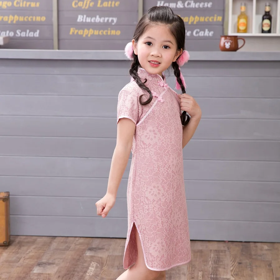Детское Кружевное платье-Ципао с высоким воротом и коротким рукавом |