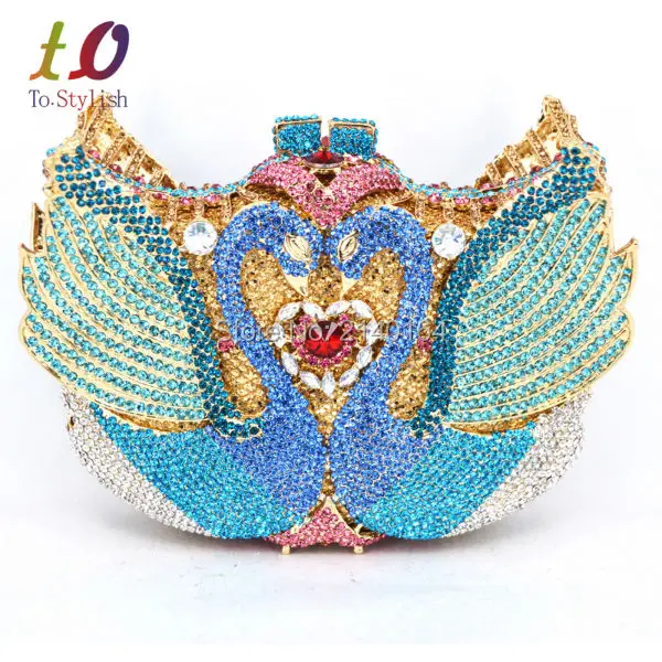 Золотая вечерняя сумочка с кристаллами Женский кошелек в виде лебедя вечерние