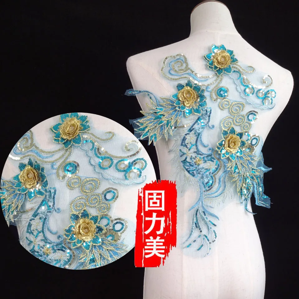 1pc sapphire gold blue red 3D luxury sequined Large Beaded Lace Applique Mesh Venise Bridal Trims evening sewing patch | Дом и сад