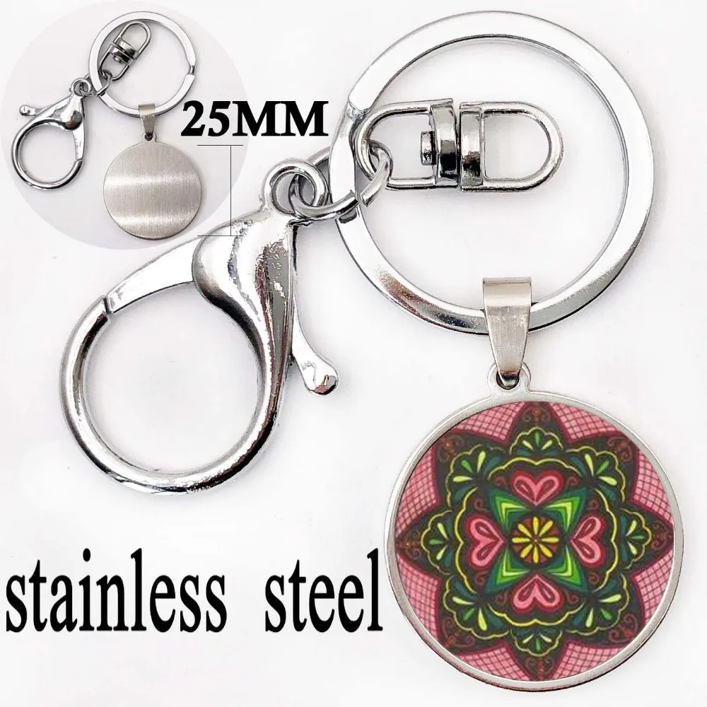 Fashion High Quality Keychain Glass Yoga Pattern Key Chain Mandala Handmade Art ring India Women Religious Jewelry | Украшения и