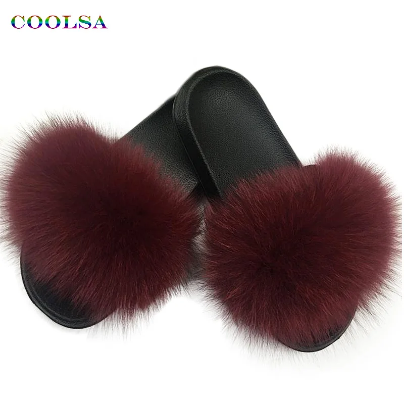 Wine red Coolsa/летние женские шлепанцы из лисьего меха; шлепанцы без задника с натуральным мехом; женские домашние Вьетнамки; повседневные сандалии с мехом; модная пушистая плюшевая обувь - Цвет: Wine red