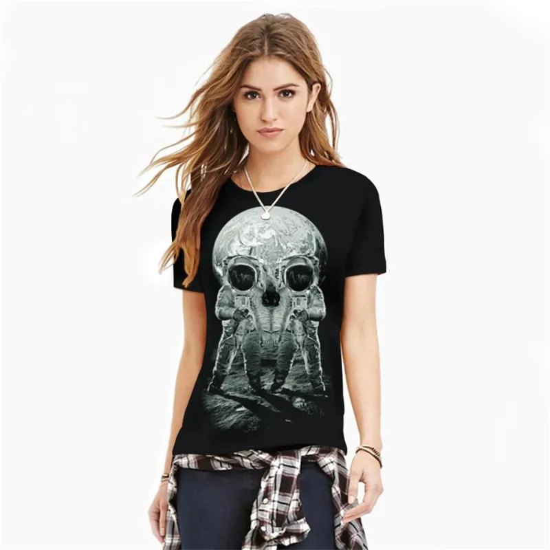 Летние Для женщин мужские черные футболки 3D печати череп астронавт смешные 2018