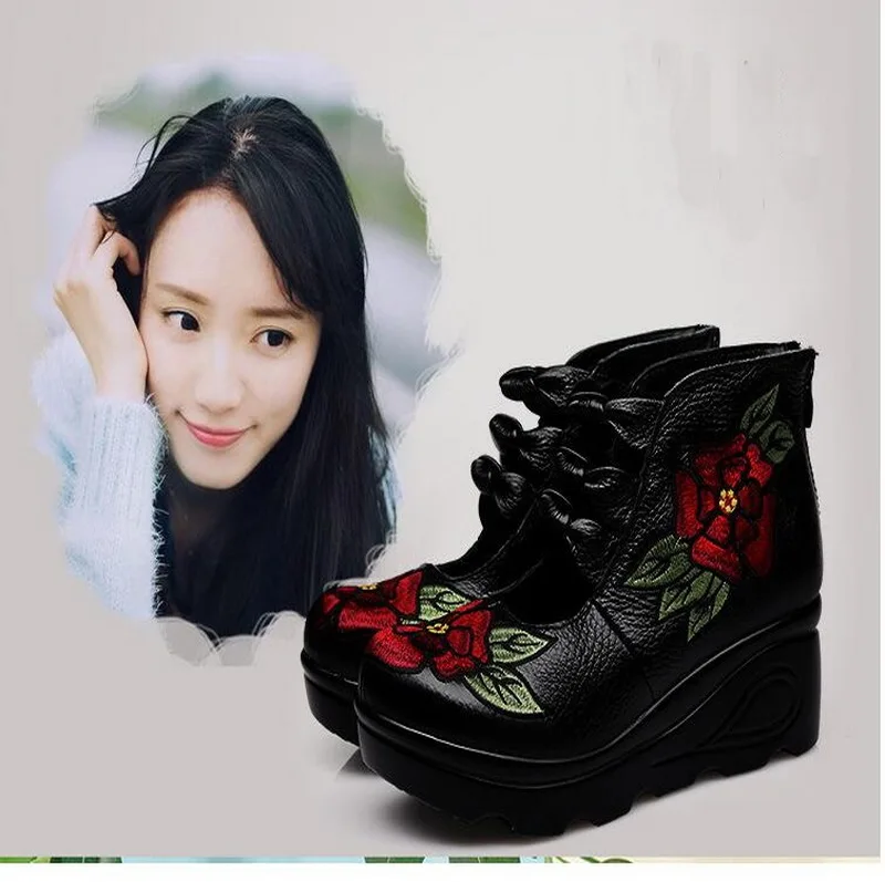 2021 New Arrival Women Genuine Leather Women Flats Platform Shoes Ethnic Style Embroidery With Zip Casual Ladies Loafers Shoes