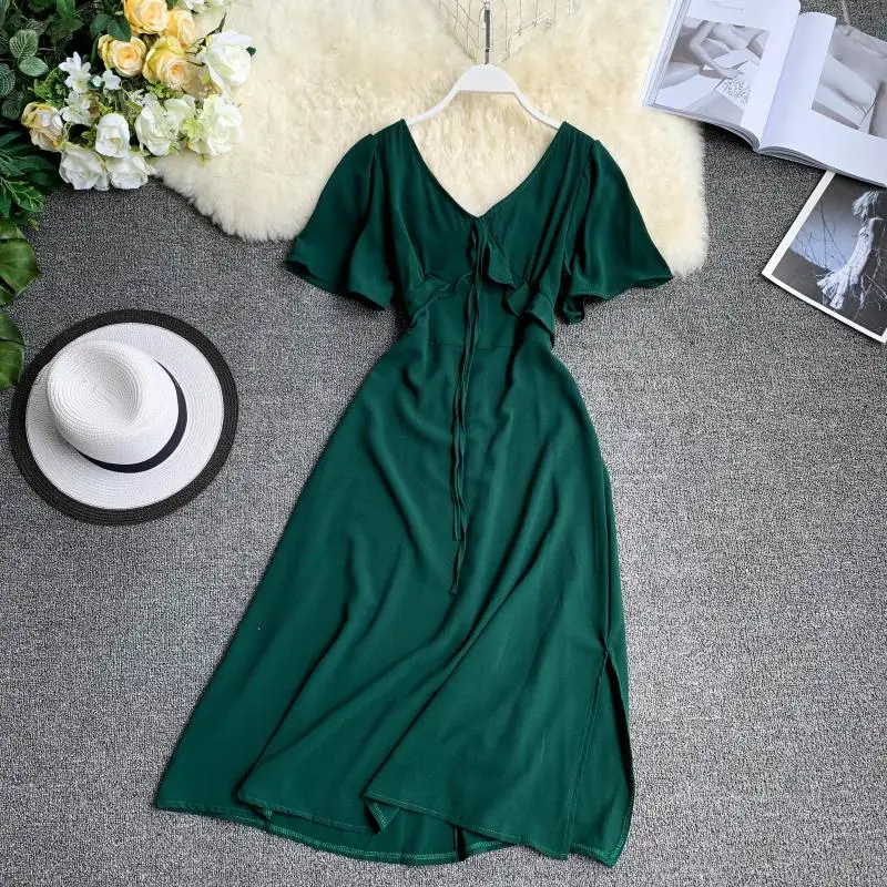 2019 Новое модное женское платье простой сплошной цвет Темперамент V система с
