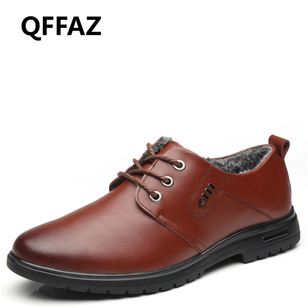 QFFAZ snow winter plush leather mens shoes casual men business dress Classic oxfords for male Wedding Shoes | Обувь