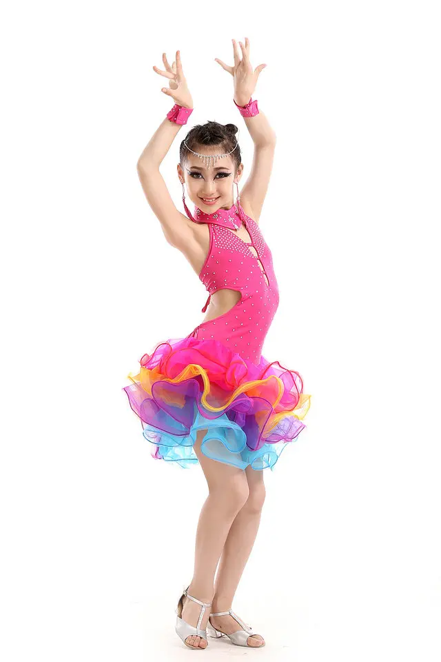 

Children Professional Latin Dance Dress New Bright Diamond Tassels Performances Latin Dance Skirt Girls Latin Competition Dress