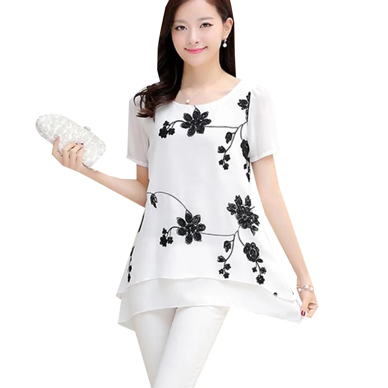 Новинка 2017 летняя шифоновая блузка с цветочной вышивкой рубашки женские