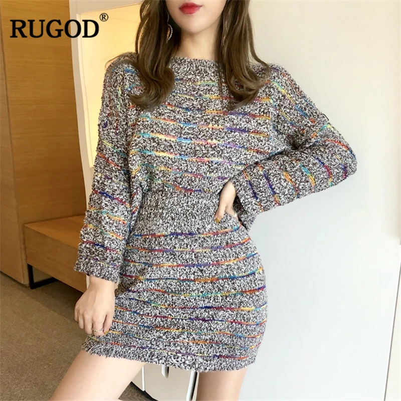 RUGOD 2018 осень зима вязаная юбка костюмы Для женщин Мода красочные свитер + карандаш