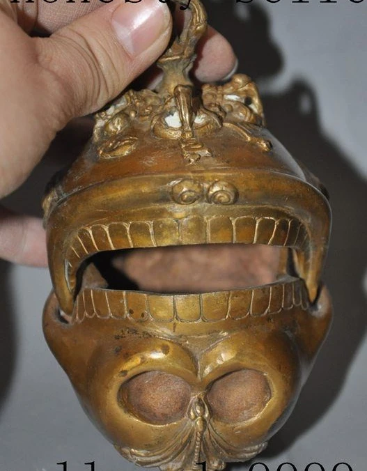 Старый тибетский буддизм бронзовый человек голова черепа ваджра статуя