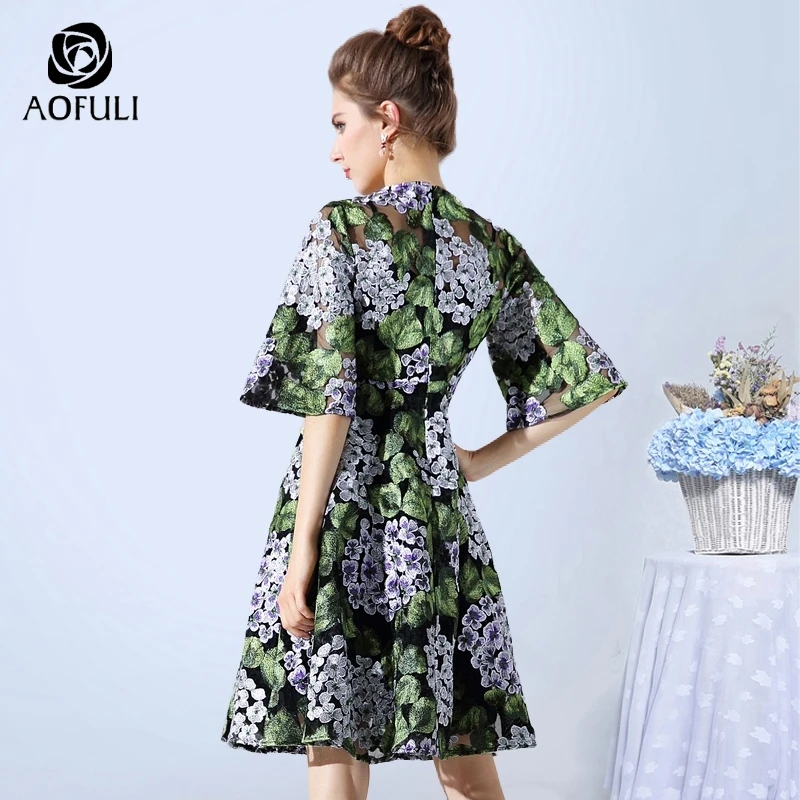 Size 4XL цветы вышитая бальное платье летнее средней длины с расклешенными рукавами