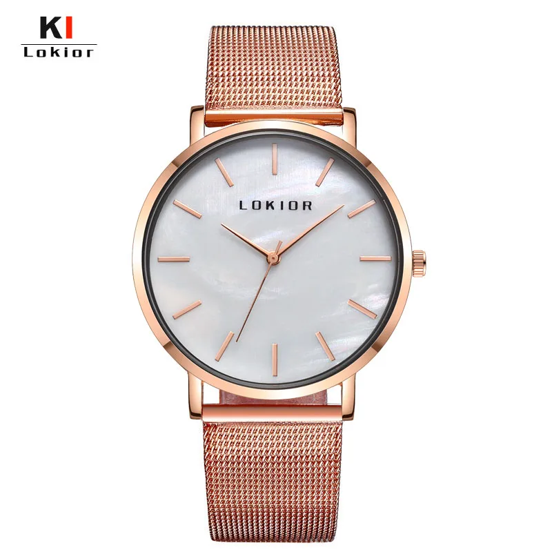 LOKIOR Элитный бренд для женщин часы Super Slim розовое золото сетки нержавеющая сталь