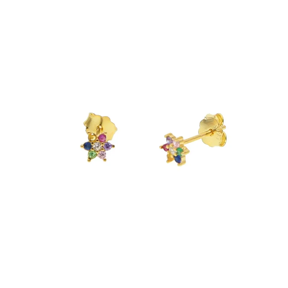 Золотой цвет сладкий крошечные 5 мм Цветок серьги гвоздики Радуга цветной фианит тонкий 925 стерлингового серебра изящный Минимальный ювелирные изделия