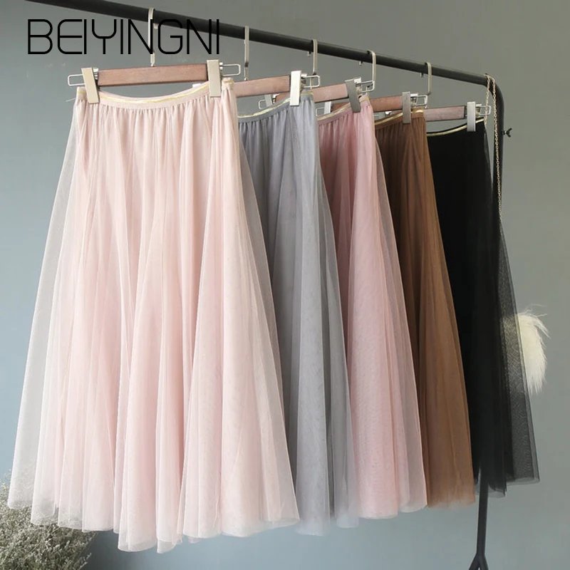 

Beiyingni Tulle Skirts Women Mesh Elastic Waist 4Colors Tutu Skirt Sweet Kpop Fashion Bridesmaids Pleated Skirts Falda Saia Midi