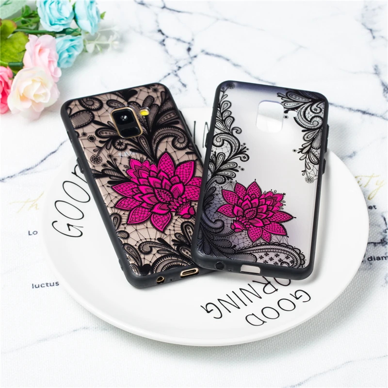 For Samsung Galaxy A8 Plus 2018 Case Lace Floral Phone Cases Black Rose Relief Matte Hard PC Back Cover for |