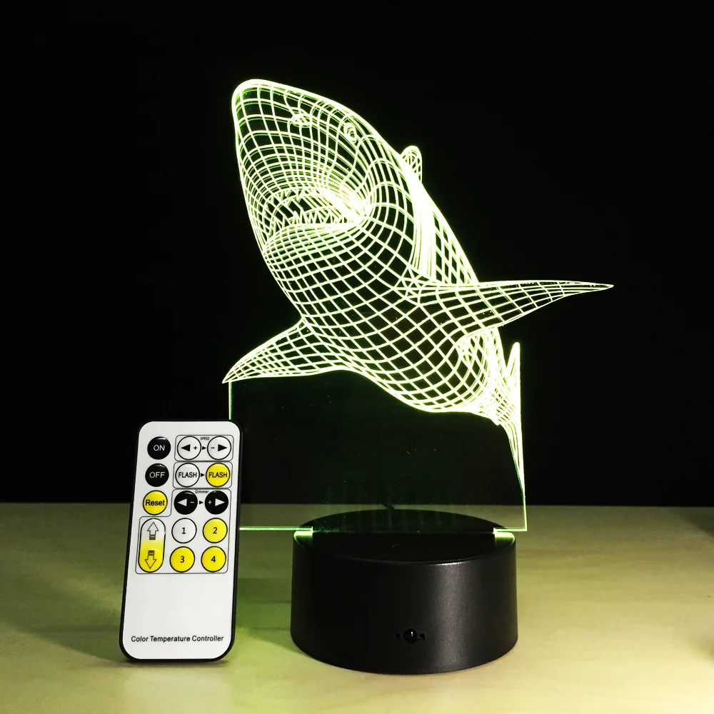 Акула акриловая 3D Светодиодная ночная лампа с дистанционным управлением цветная