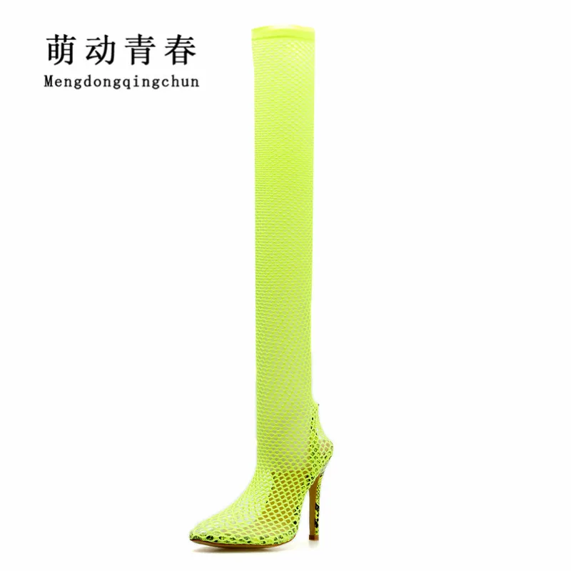 Женские туфли лодочки Летние Сапоги выше колена на тонком каблуке с вырезами и