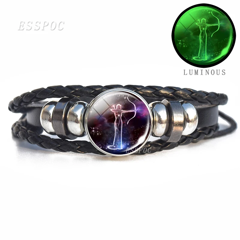 12 Constellation Bracelet Charms Zodiac Sign Glass Cabochon Punk Jewelry Black Multilayer Leather Women Men Gift | Украшения и