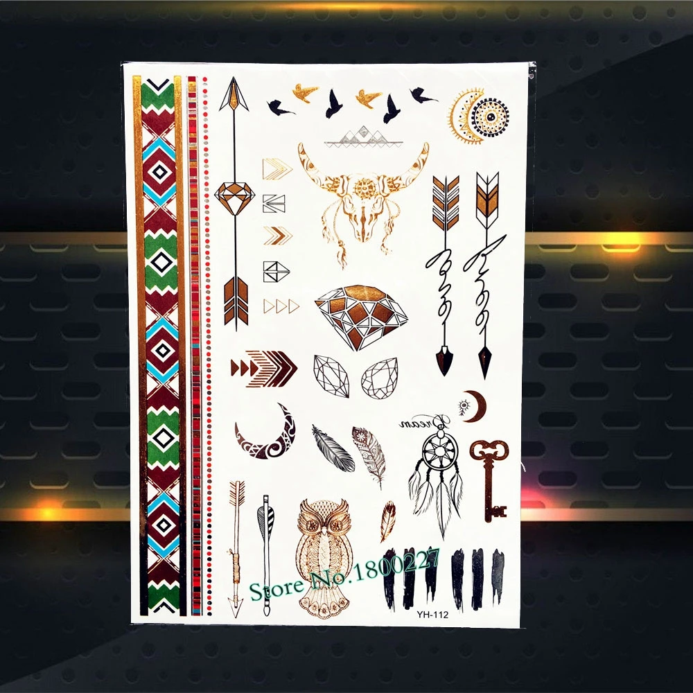 Тату золотой металлик милая бык Сова Птица перо узор Водонепроницаемый палец