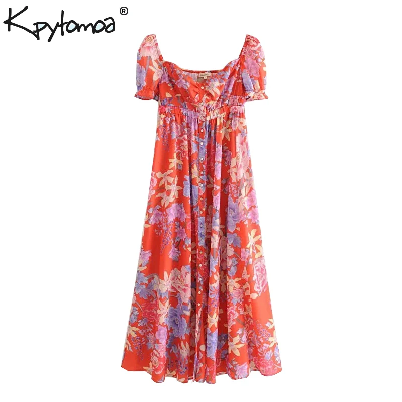 Vintage Chic Floral Print Buttons Maxi Dress Women Fashion Square Collar Short Sleeve Pleated Dresses Casual Vestidos Mujer
