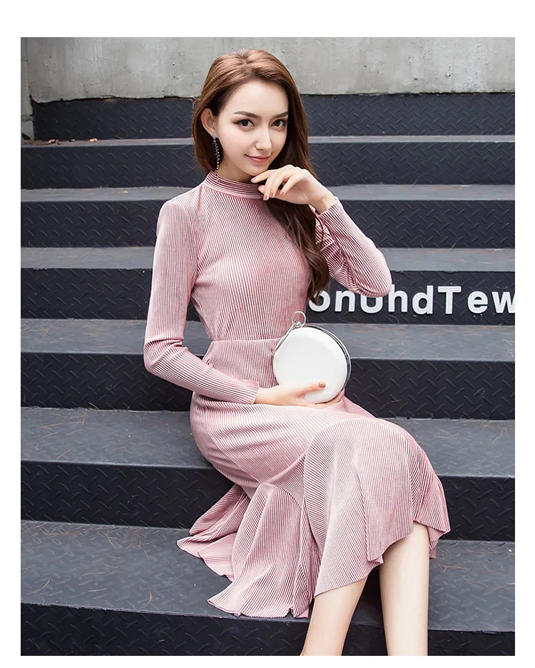 2017 осеннее модное женское элегантное платье Русалочки с воротником стойкой и