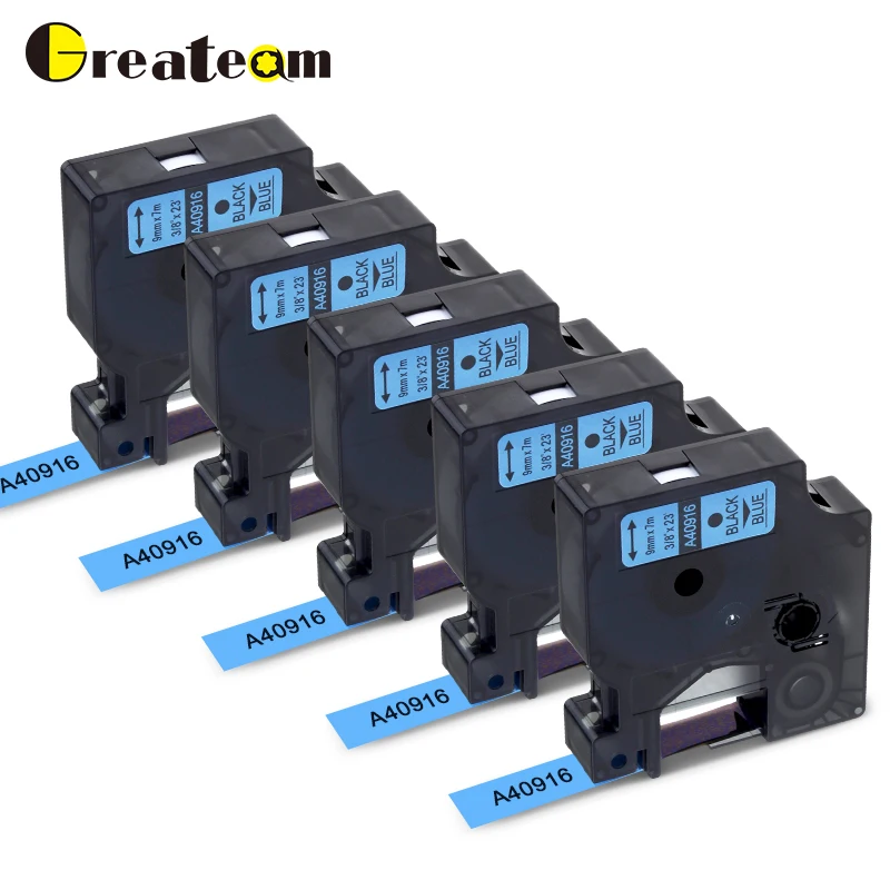 Greateam 5 шт./лот 40916 совместим Dymo D1 S0720710 9 мм этикетка лента черного цвета на синий для