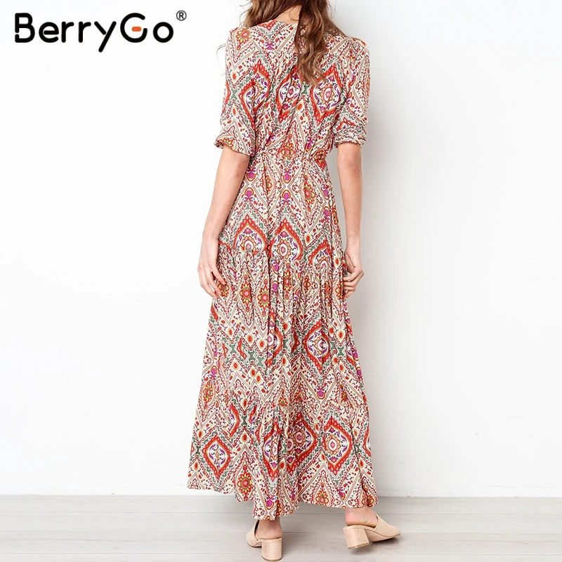 BerryGo Boho платье с цветочным принтом Длинные платья для женщин Лето плюс размер v