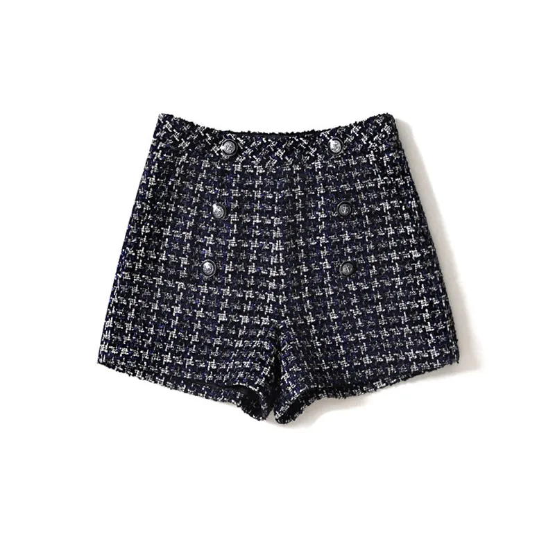 

Handmade Luxury Shorts for Women Fashion Vintage Woven Tweed Double Breasted High Waist Shorts Blue