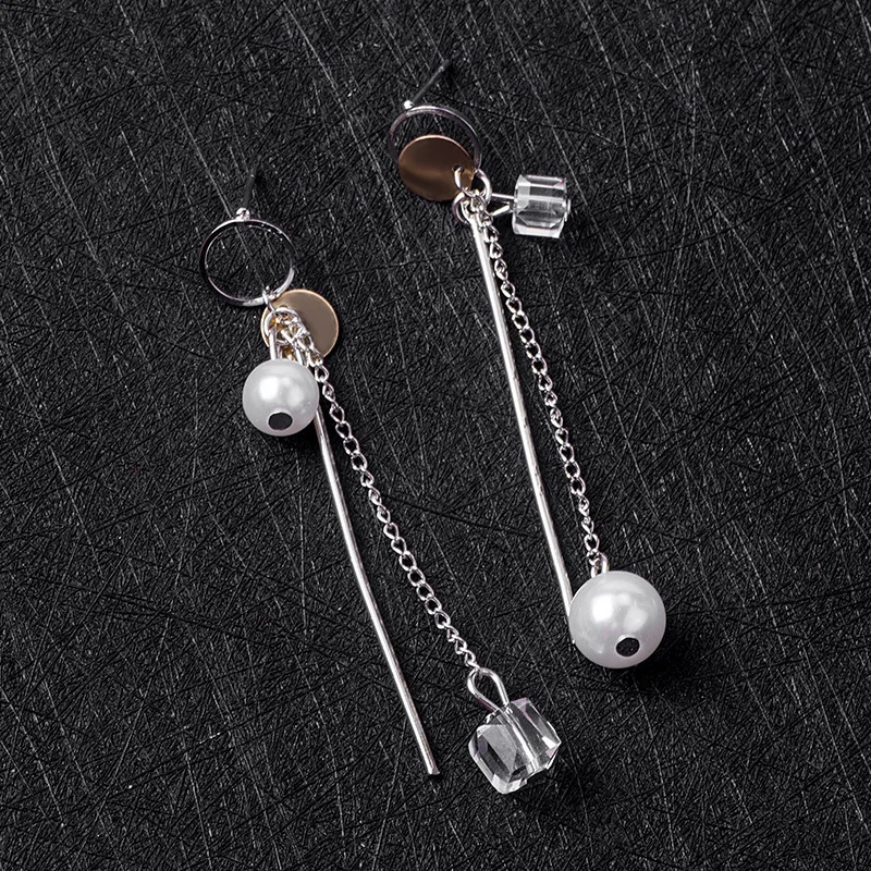 Japan and South Korea new earrings fashion asymmetrical personality long crystal Pearl Tassel female | Украшения и аксессуары