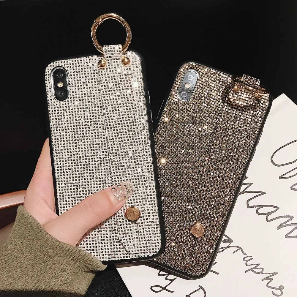 Case For iPhone Xr X Xs Max Cover Luxury Glitter Lattice Sequins Girly Wristband Stand Cases 7 8 Plus 6S |