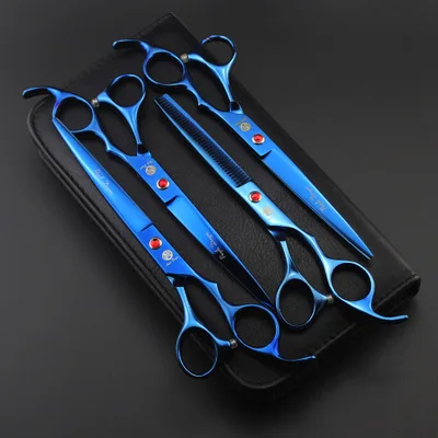 Blue P-704 Высокое качество, 7,0 дюймов, профессиональные ножницы для домашних животных, ножницы для стрижки собак, набор, прямые и изогнутые и истонченные, 4 шт. в наборе, стрижка для домашних животных, инструменты - Цвет: Blue P-704