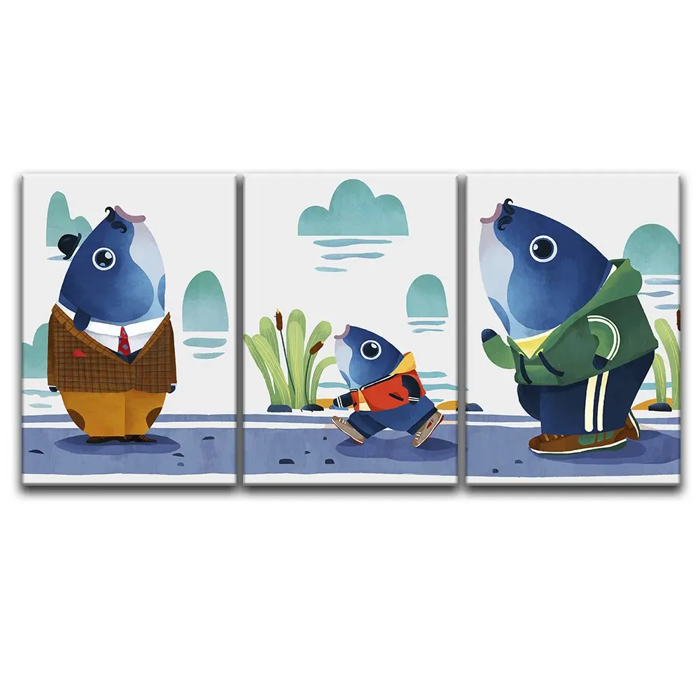 3 Panel Canvas Wall Art Watercolor Style Cartoon Mr Fish Giclee Print Gallery Wrap Modern Home Decor Panels | Дом и сад