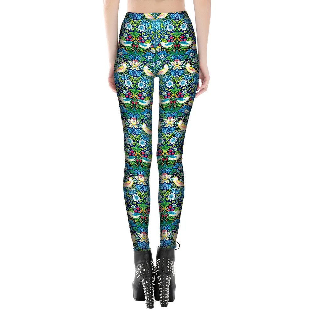 

2017 Women Greenish Floral Painting Print Fitness Leggings Elastic Fiber Hiphop Party Cheerleader Rooter Workout Pants Trousers