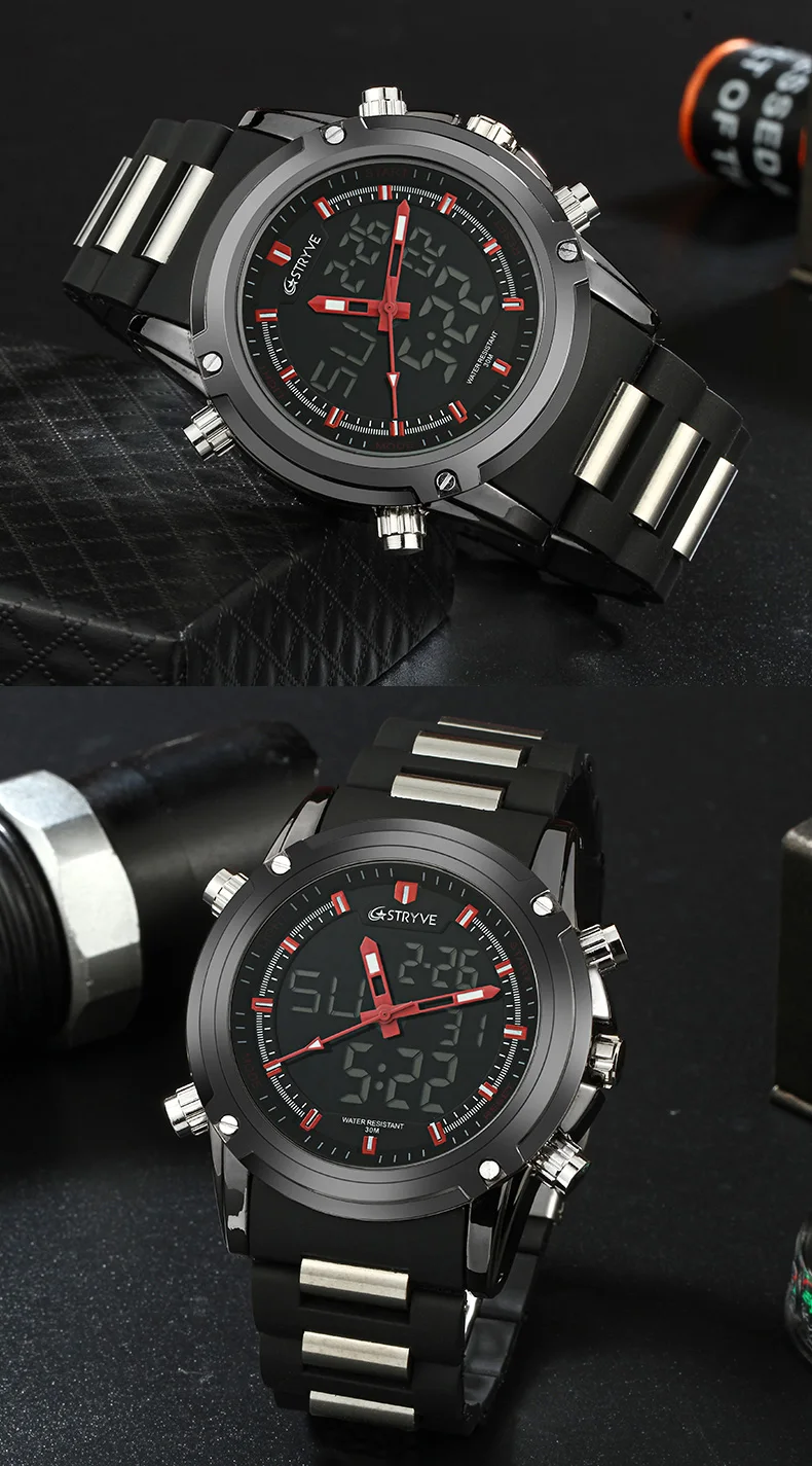 Montre Homme STRYVE Лидирующий бренд часы для мужчин Спорт водонепроницаемый силиконовый стальной Дата Сигнализация GMT светодиодный фонарь роскошный цифровой кварц