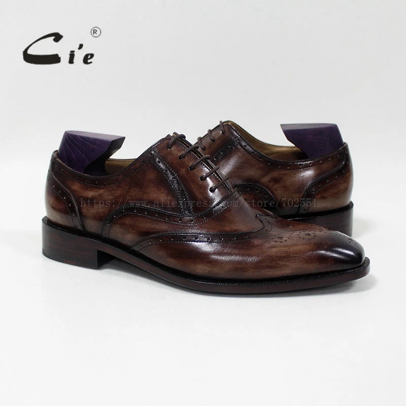Cie-zapatos de cuero hechos a mano con cordones para hombre, calzado de piel de becerro, transpirable, Oxford, pátina, marrón oscuro OX-02-11