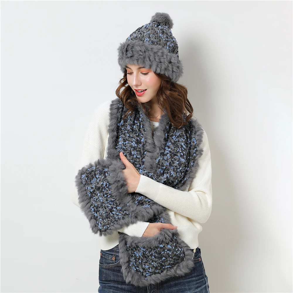Меховый шарф набор перчаток для шапки женская кепка зимняя шапка с помпоном