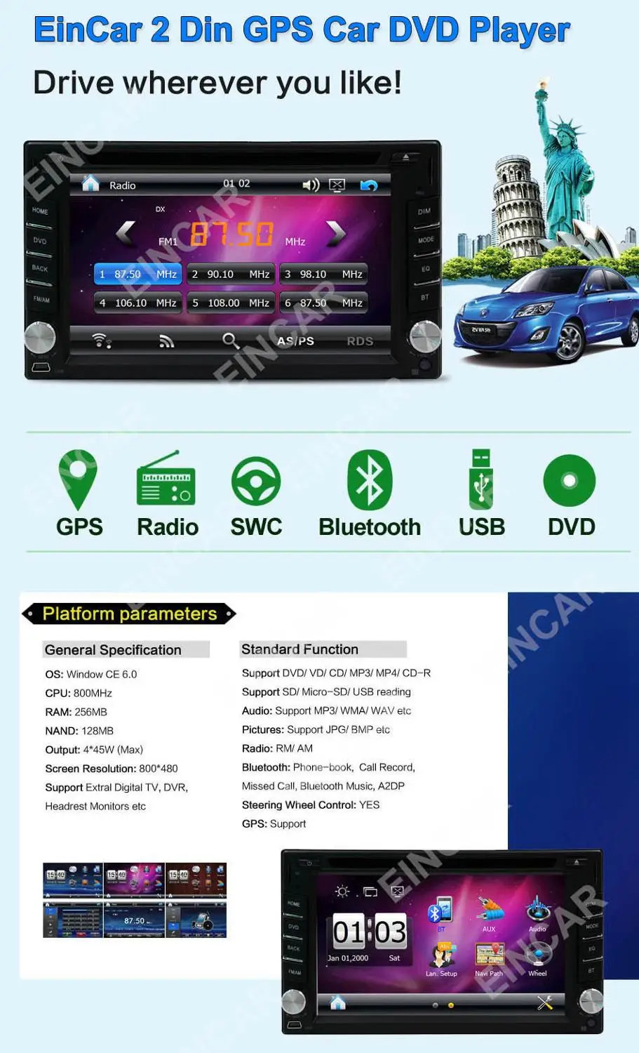 Eincar 7 дюймов двойной 2DIN автомобильный dvd плеер gps навигация Стайлинг сенсорный