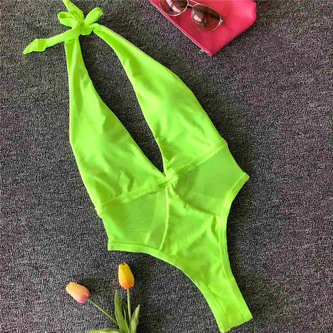 Neon Green Женский купальник, бретельки на шее, открытая спина, Цельный купальник, женский купальный костюм с глубоким v-образным вырезом, женский купальник V1565 - Цвет: Neon Green