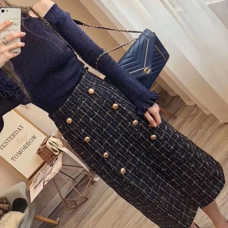 OKXGNZ S-XL вязаный свитер с расклешенными рукавами осень зима элегантный женский двубортный твидовый комплект из двух частей с юбкой - Цвет: Синий