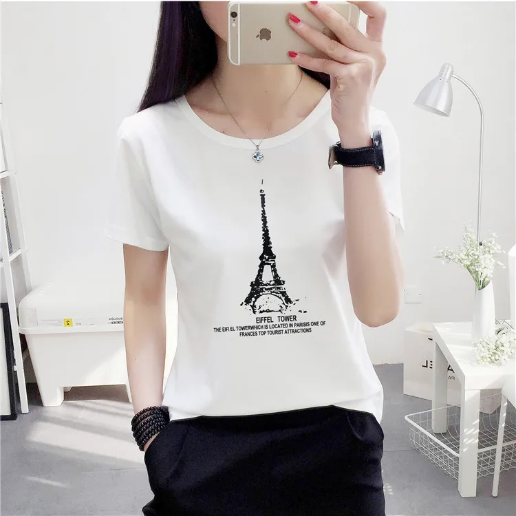 021 White T-Shirt Футболки г. Летняя новинка, Милый принт с животными, короткий рукав, круглый вырез, женский топ для девочек, Студенческая облегающая мягкая женская белая футболка, футболки - Цвет: 021 White T-Shirt