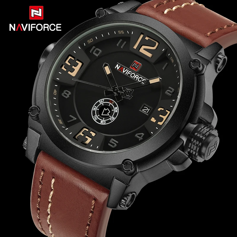 Часы NAVIFORCE мужские спортивные кварцевые с кожаным ремешком водонепроницаемые