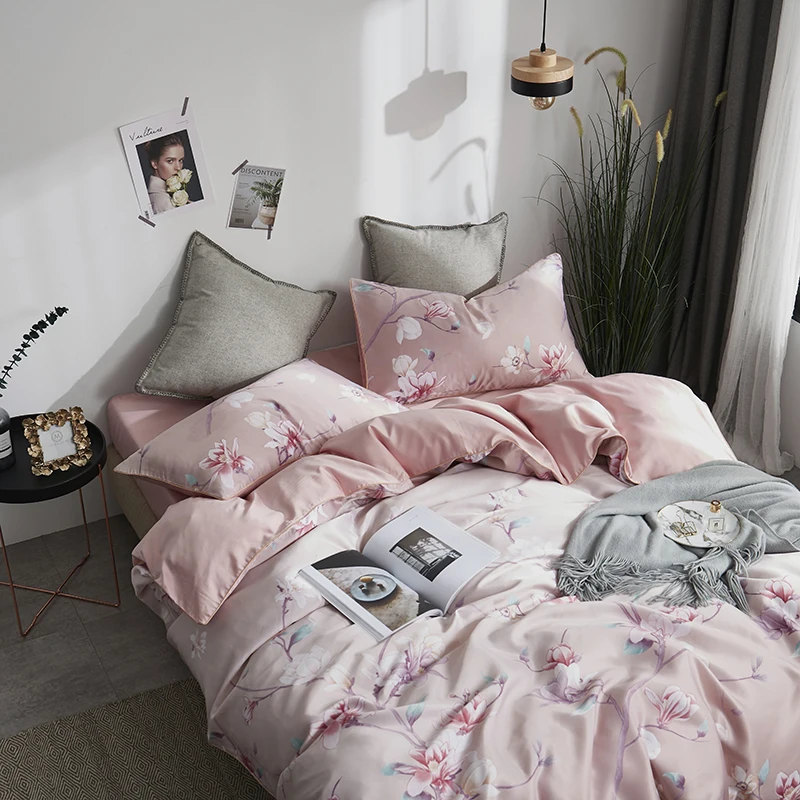 Новый мягкий Шелковый сатин 4 шт. простыня розовый цветок с растениями двойное