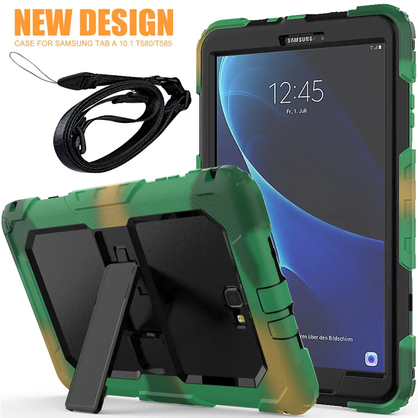 Чехол для samsung Galaxy Tab A 10,1 T580 T585 ударопрочный сверхпрочный силиконовый+ PC чехол с подставкой+ ремешок на плечо+ пленка+ ручка - Цвет: camo