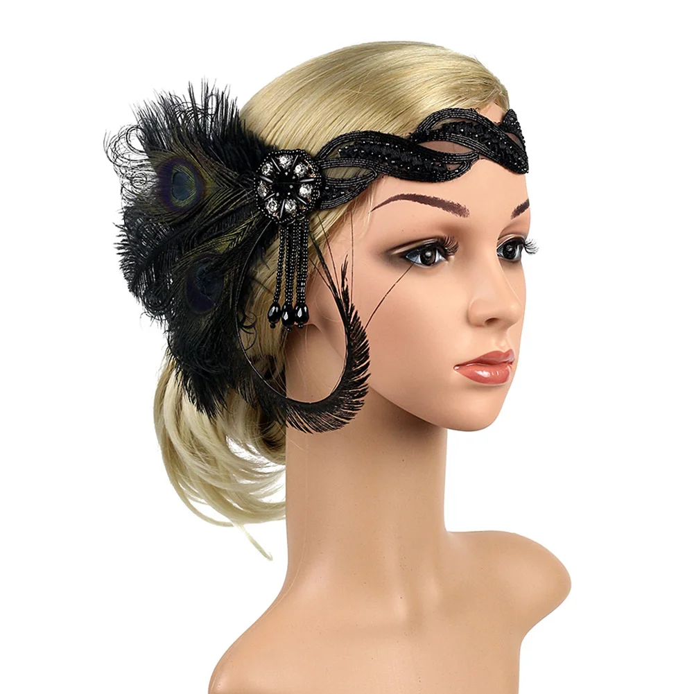 Feather Flapper Elastic Costume Accessories Women Headband Girls Headpiece Vintage Headdress Party 1920s Art Deco Bridal Indian