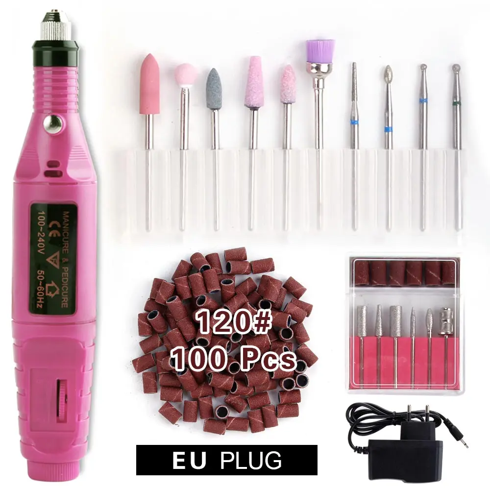 Pink Set 120 Электрические сверла для ногтей, маникюрный станок, фрезерный керамический алмазный резак, инструменты для дизайна ногтей, кутикулы, роторные заусенцы - Цвет: Pink Set 120