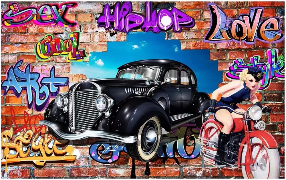 3d обои на заказ граффити автомобили пробиваемые сквозь стены домашний декор